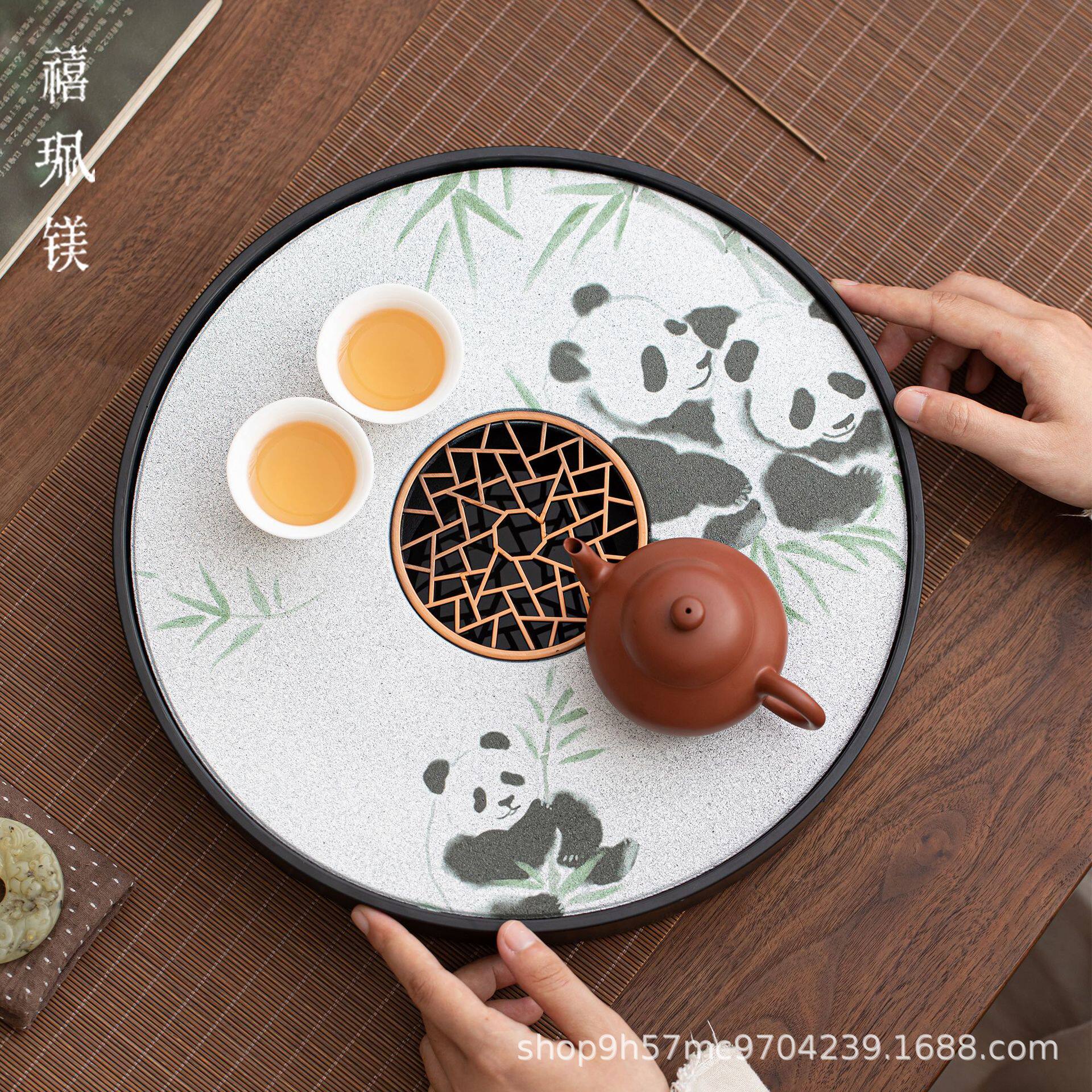 禧珮镁茶盘纳米吸水陶瓷茶具圆形泡茶台熊猫蓄水排水两用密胺托盘