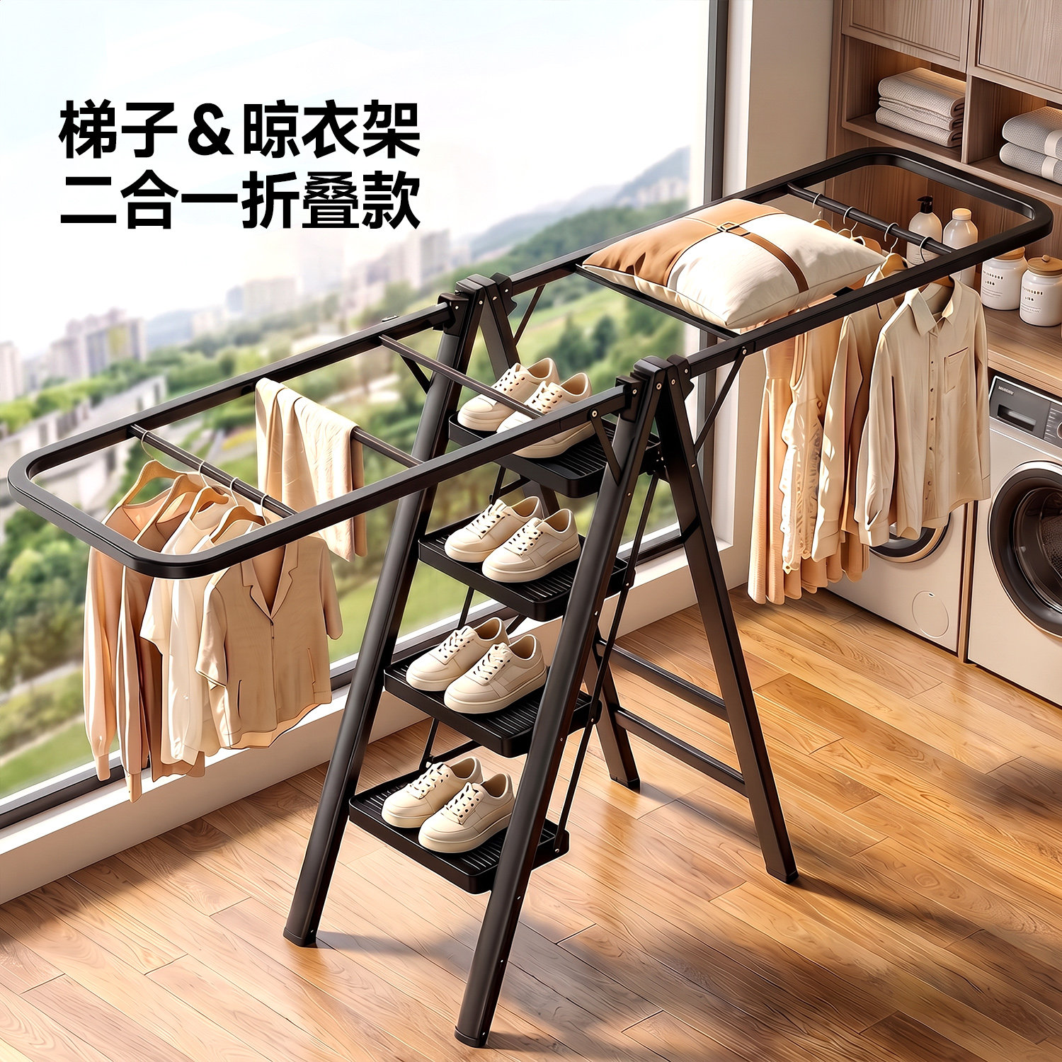 梯子家用折叠晾衣架两用多功能加厚人字梯室内伸缩爬梯登高晒被梯