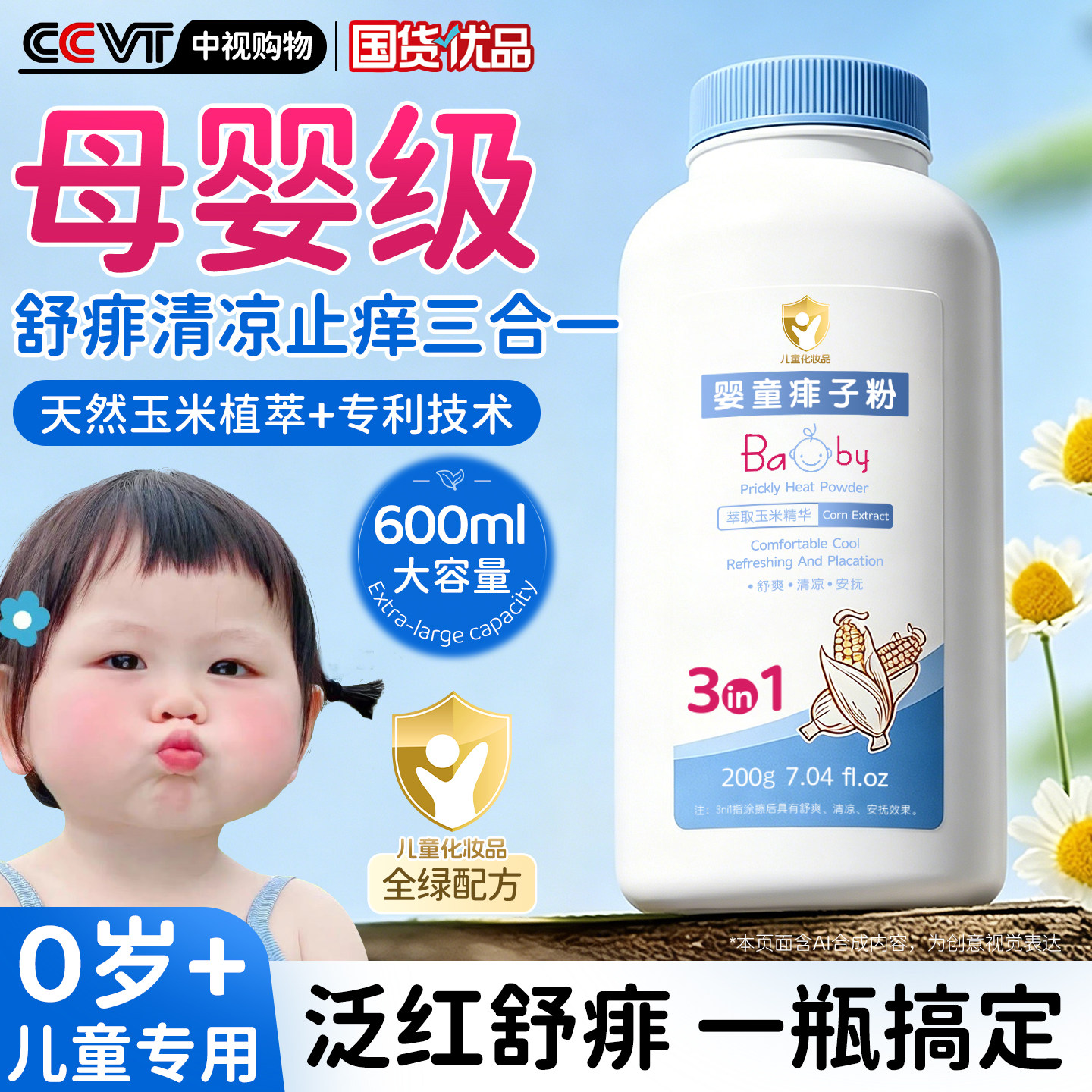 爽身粉痱子粉新生婴幼儿童宝宝专用玉米爽身水天然干爽吸汗舒缓