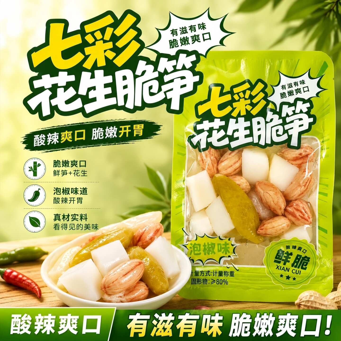 七彩花生脆笋泡椒花生竹笋云南特产酸笋凉茶下酒菜夜宵小吃小零