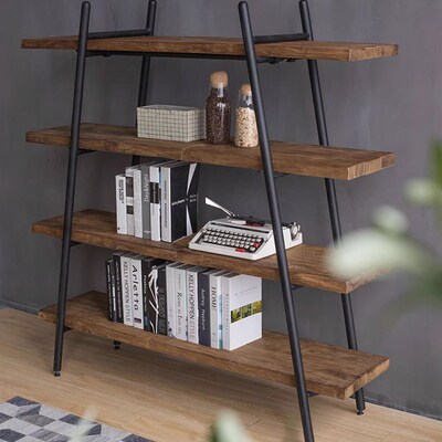 原木书架铁艺置物架落地靠墙简约实木客厅多层一字板收纳展示架子