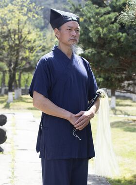 斜襟三清领道士服装春夏季透气压花棉麻道衣全套中国风男女款道袍