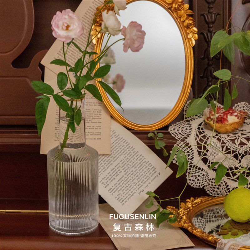 速发轻饰复古竖纹奢边小口径透明玻璃花瓶摆件居家装金干插花器