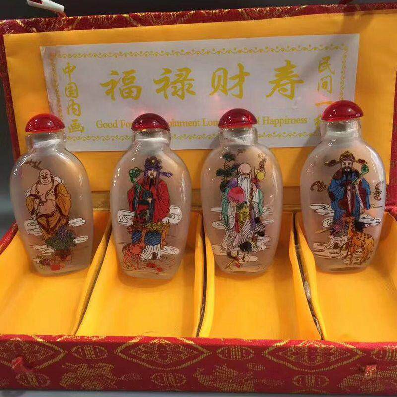 速发古玩杂项收藏品琉璃瓶内画福禄财寿鼻烟壶套装手工绘制工艺品