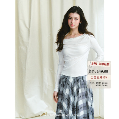 ATTIA GLOWY细节质感一字领露肩系带收腰挂脖上衣女夏长袖防晒t恤