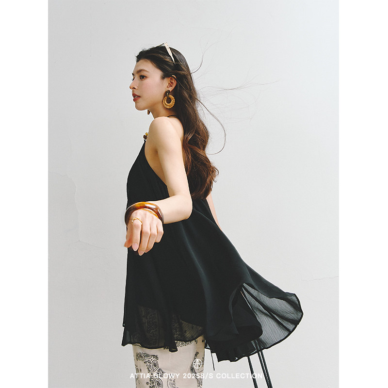 ATTIA GLOWY 悠悠夏日长 碎褶艺术后绑带V领雪纺挂脖吊带上衣女夏