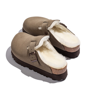 防水勃肯鞋女加绒厚底半托棉鞋羊皮毛一体真皮博肯鞋冬河南桑坡村