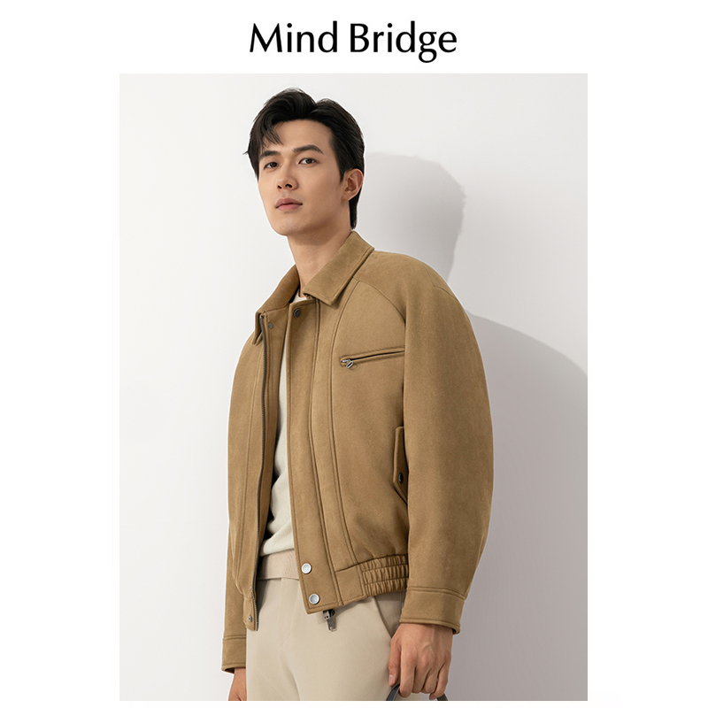 Mind Bridge2024秋冬季男装仿麂皮绒翻领宽松棉服夹克短款厚外套