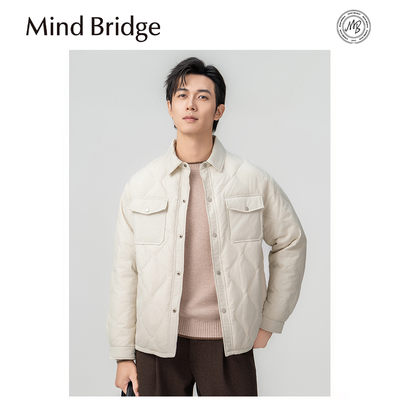 Mind Bridge男士短款2025秋冬90鸭绒羽绒服轻薄翻领衬衫菱形外套