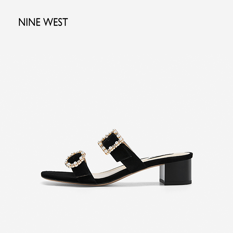 NineWest/玖熙2024年夏季新款高跟拖鞋珍珠扣一字带凉拖鞋女外穿-封面