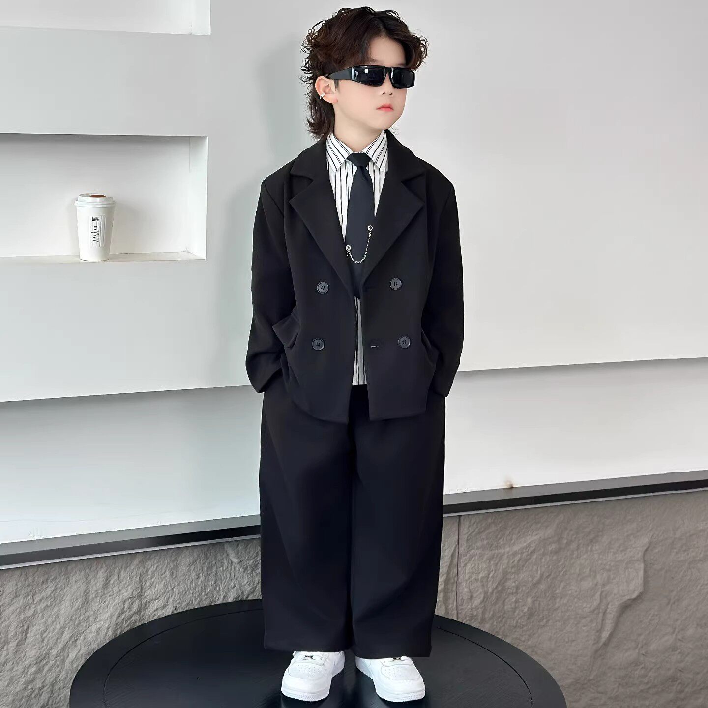 法国男童西装套装秋冬儿童韩版休闲西服新款男孩帅气加绒呢子外套