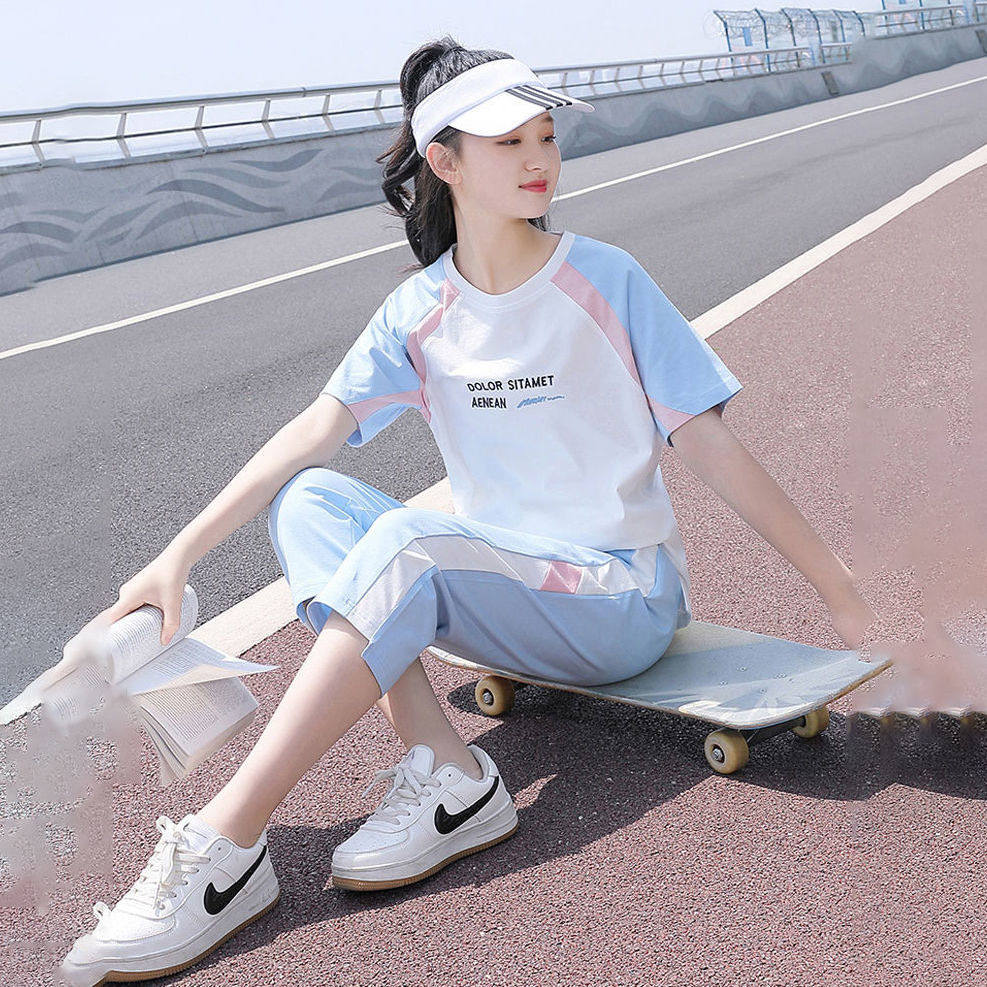 欧货学生短袖t恤裤子两件套宽松少女夏装15岁女孩16夏季运动套装