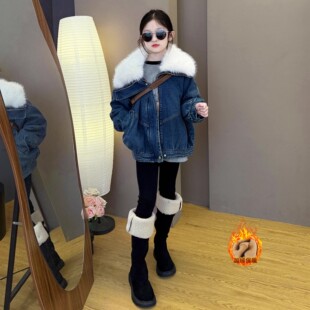 法国女童新款儿童秋冬季韩系可拆卸毛毛大翻领加绒外套铅笔裤套装