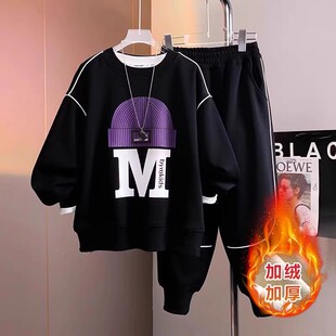 法国男童秋装套装新款中大童卫衣酷帅洋气男孩秋冬款加绒厚两件套