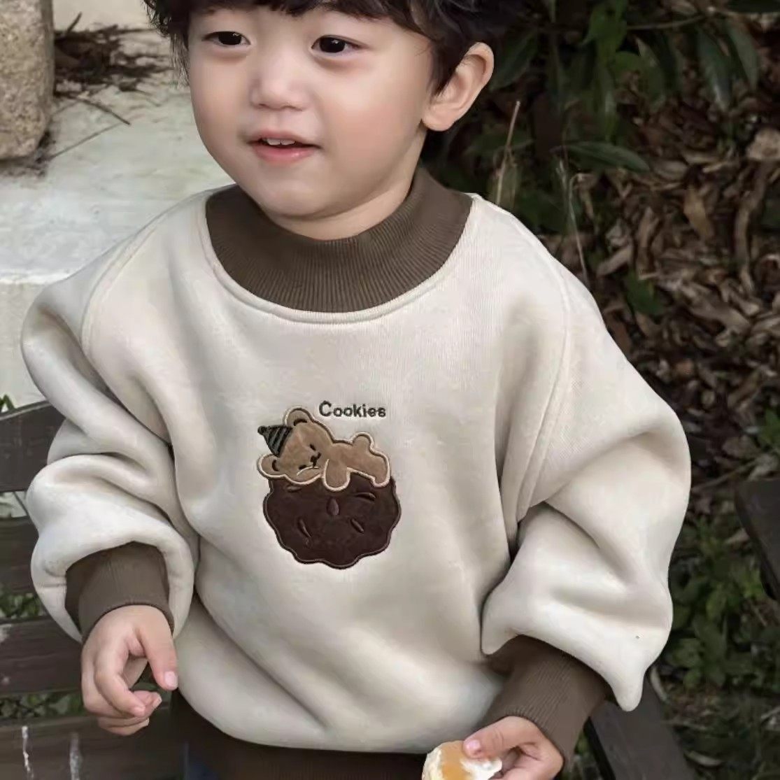 法国男女童加绒卫衣秋冬款新款洋气儿童卡通加厚半高领套头上衣服