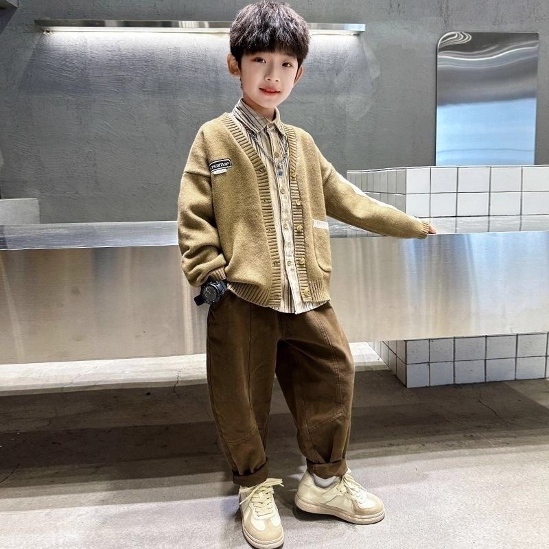 儿童早春秋季新款套装男童针织衫开衫毛衣外套衬衫中大童三件套潮