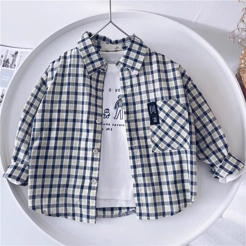 法国春秋新款儿童格子衬衫男童纯棉长袖衬衣中小童春秋洋气外套潮