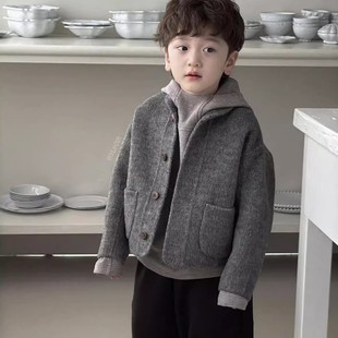 法国男童帅气仿羊毛呢外套秋冬儿童宝宝时髦短款灰色呢子大衣套装