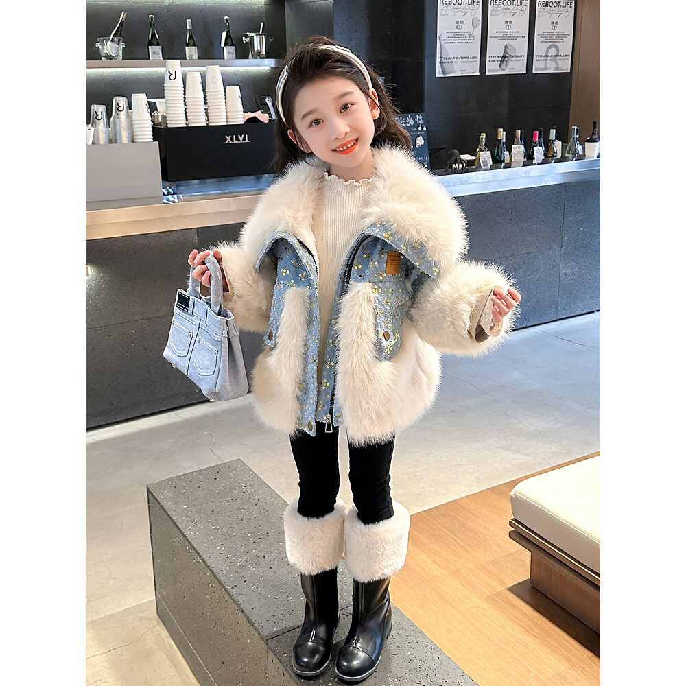 女童仿皮草加绒加厚牛仔外套秋冬款2025新款洋气棉服冬装韩版棉衣