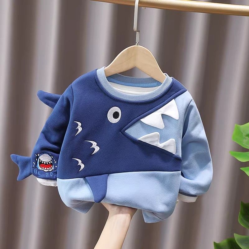 法国小童卡通鲨鱼加绒卫衣男女童秋冬宝宝保暖上衣儿童加厚打底衫