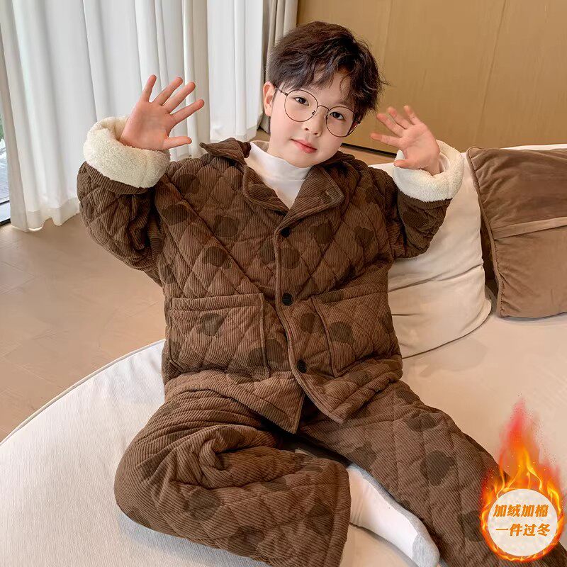 法国男童加绒睡衣秋冬季新款冬装加厚儿童三层夹棉保暖家居服套装