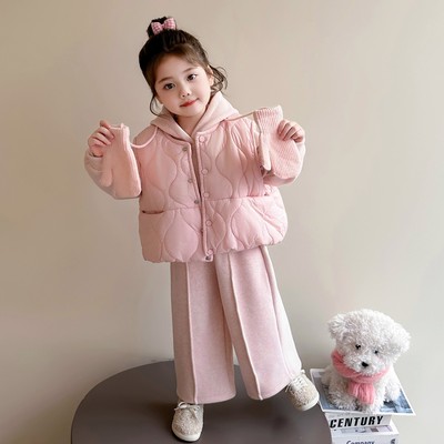 法国女童加绒加厚套装秋冬2025新款儿童穿搭女宝宝冬装马甲三件套