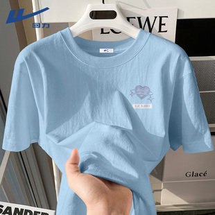 夏初中生纯棉宽松正肩上衣女士全棉浅蓝色短袖 回力t恤女2025新款