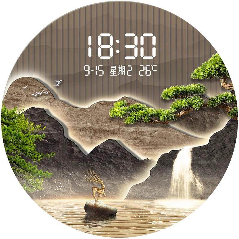 热销电子时钟迎客松客q厅挂钟带灯装饰画圆形山水茶室挂画生财玄