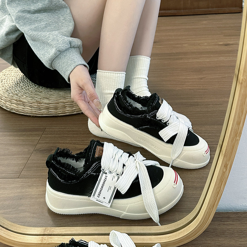 秋冬檀健次同款开口笑厚底帆布鞋女B2023秋季新款乞丐休闲小白鞋