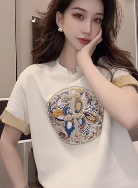 速发国风刺绣拼色T恤底024夏季款新时尚复古打2衫宽松百搭上衣