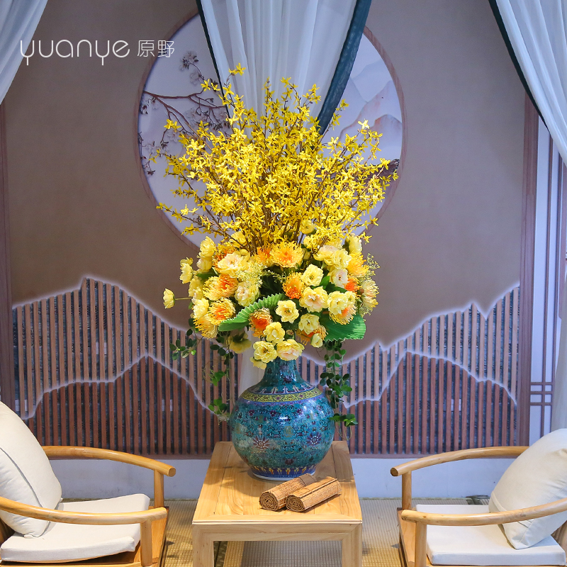 速发酒店餐桌落件装饰假花摆地新中式花客厅花茶插花瓶几花艺摆设