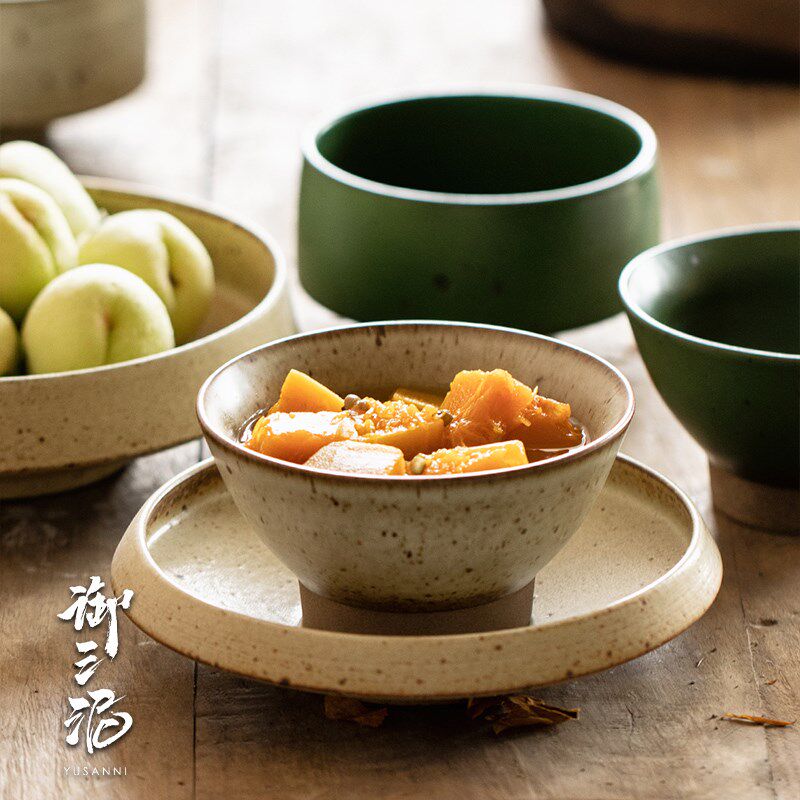 速发复古宽底碗深盘浅盘复古绿果盘盘子文厅民宿瓷艺古朴陶餐餐具