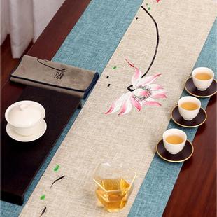 桌旗茶垫茶布 手绘茶席茶室禅意茶桌茶台干泡防水茶旗麻纹布艺中式