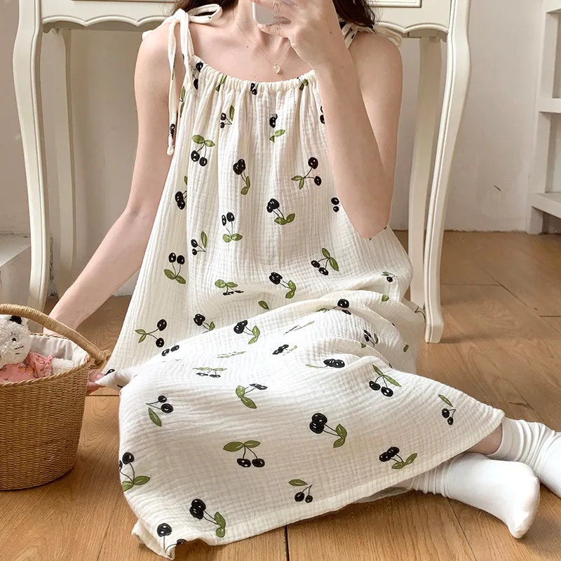 棉质双层纱布孕妇裙春夏月子服绉布睡裙吊带裙哺乳家居裙