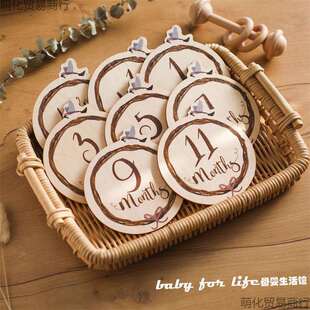 宝宝出身纪念拍照里程碑木质圆片1-12月百天小鸟树枝摆件拍摄道具