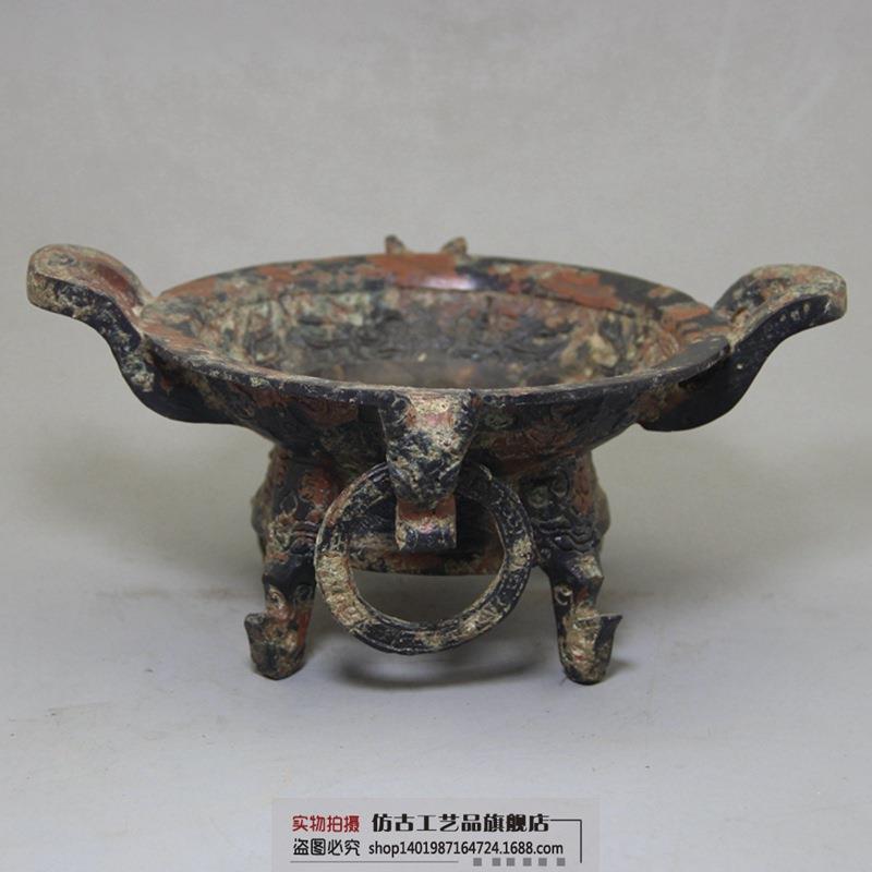 厂家直销收藏古玩杂项工艺品复古做旧青铜双兽果盘摆件