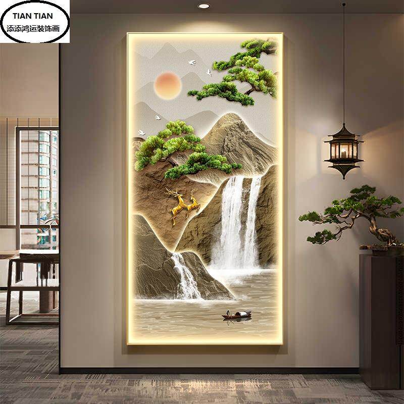 玄关装饰画新中式山水led灯画迎客松入户走廊过道挂画高级感壁画