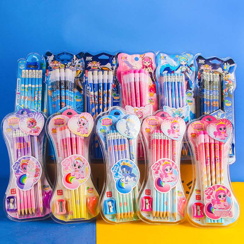 小马菲莉儿童铅笔2B铅笔带橡皮擦头圆杆铠甲勇士铅笔小学生2B碳黑