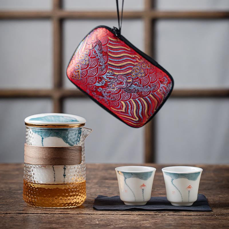 手绘旅行茶具一壶二杯便携户外日式套装专用白陶瓷玻璃个人快客杯