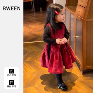 女童连衣裙冬季2025新款女宝宝红色丝绒保暖拜年服儿童背心裙冬天