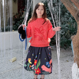 入秋女童半身裙韩版休闲女宝百搭时尚黑色水墨画夹棉儿童裙子秋天