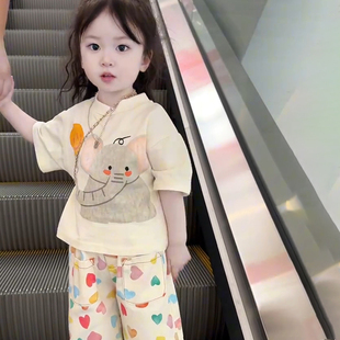 夏季 韩国童装 t恤2024新款 女童短袖 洋气卡通大象印花儿童上衣夏装