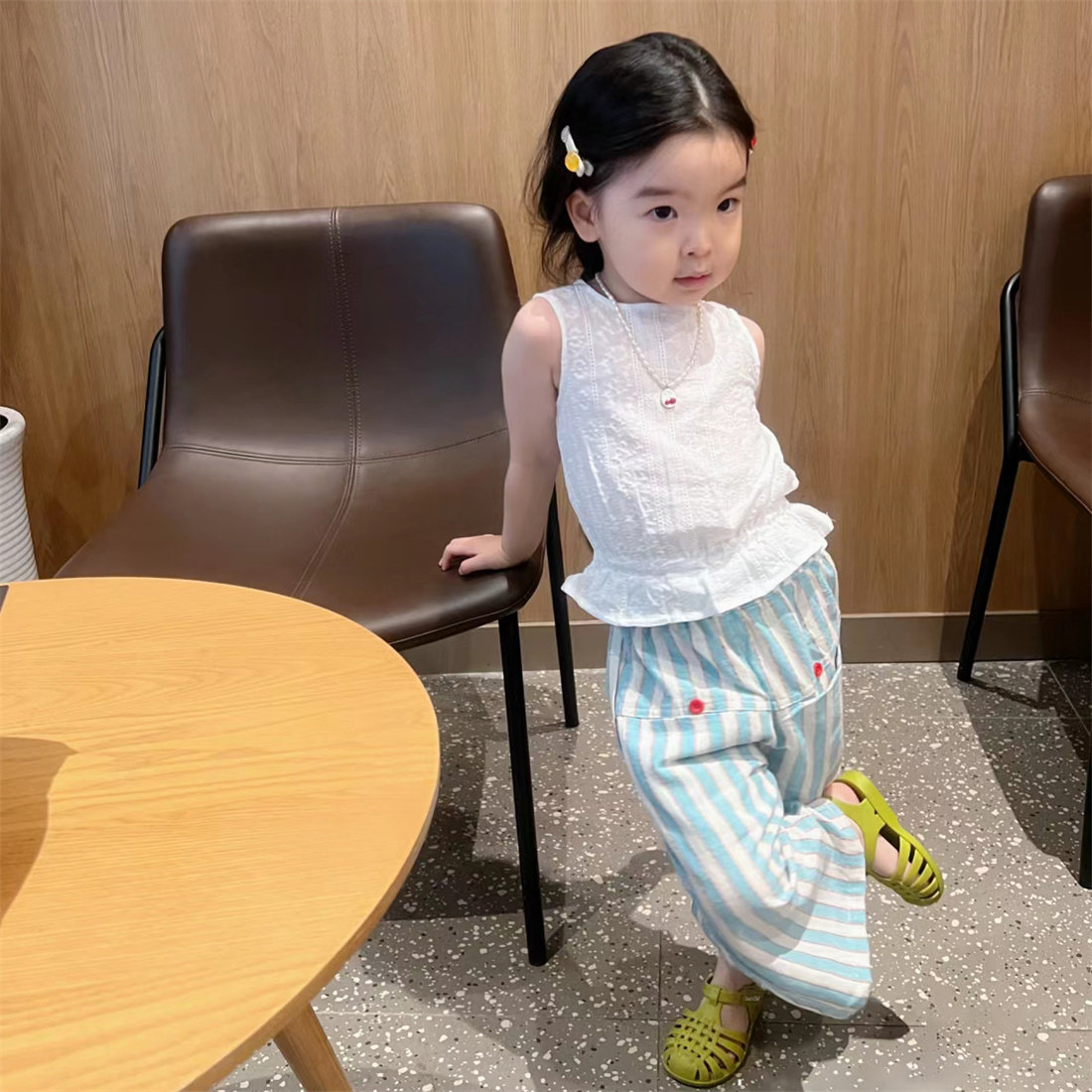 韩国童装女童套装夏季2025新款洋气宝宝白色背心儿童条纹防蚊裤潮