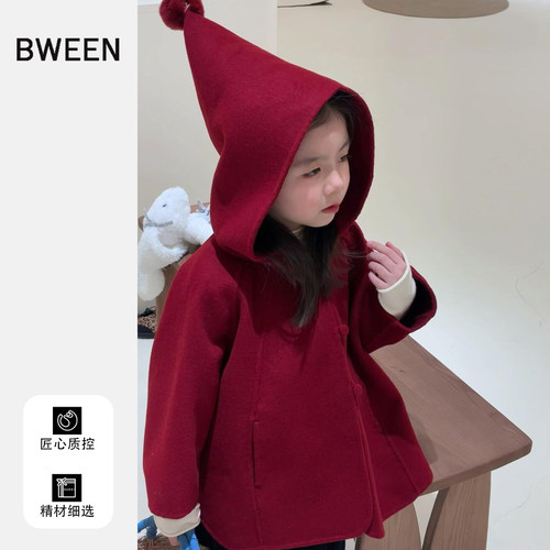 女童外套冬季2025新款 红色、毛呢、加厚、精灵帽 K25122344GP