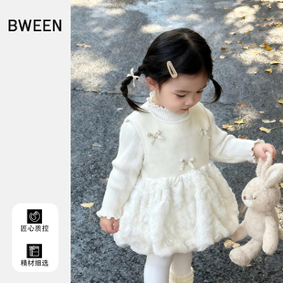 女童加绒连衣裙冬季韩系女宝宝超好看针织毛绒拼接白色背心裙冬天