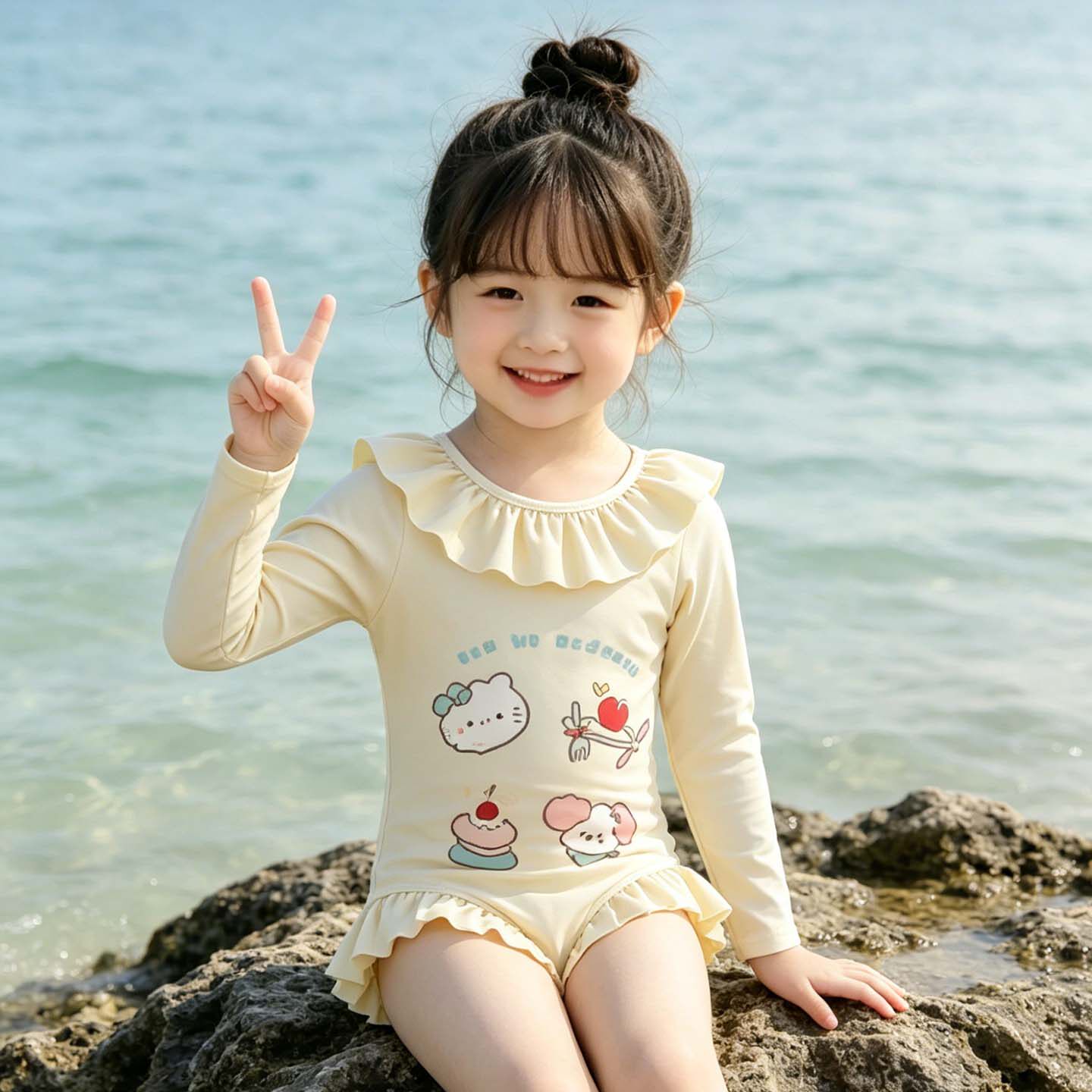 女童泳衣夏季荷叶边长袖印花超萌女宝防晒海边沙滩连体衣儿童泳装