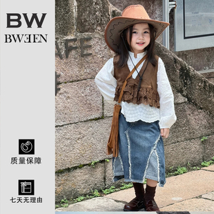 女童套装春秋款2026新款女孩花边马甲长袖衬衫牛仔半身裙儿童春装