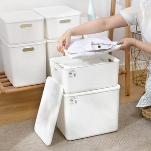 收纳箱 白色带盖加厚塑料手提收纳盒可叠加防尘家用杂物储物盒日式