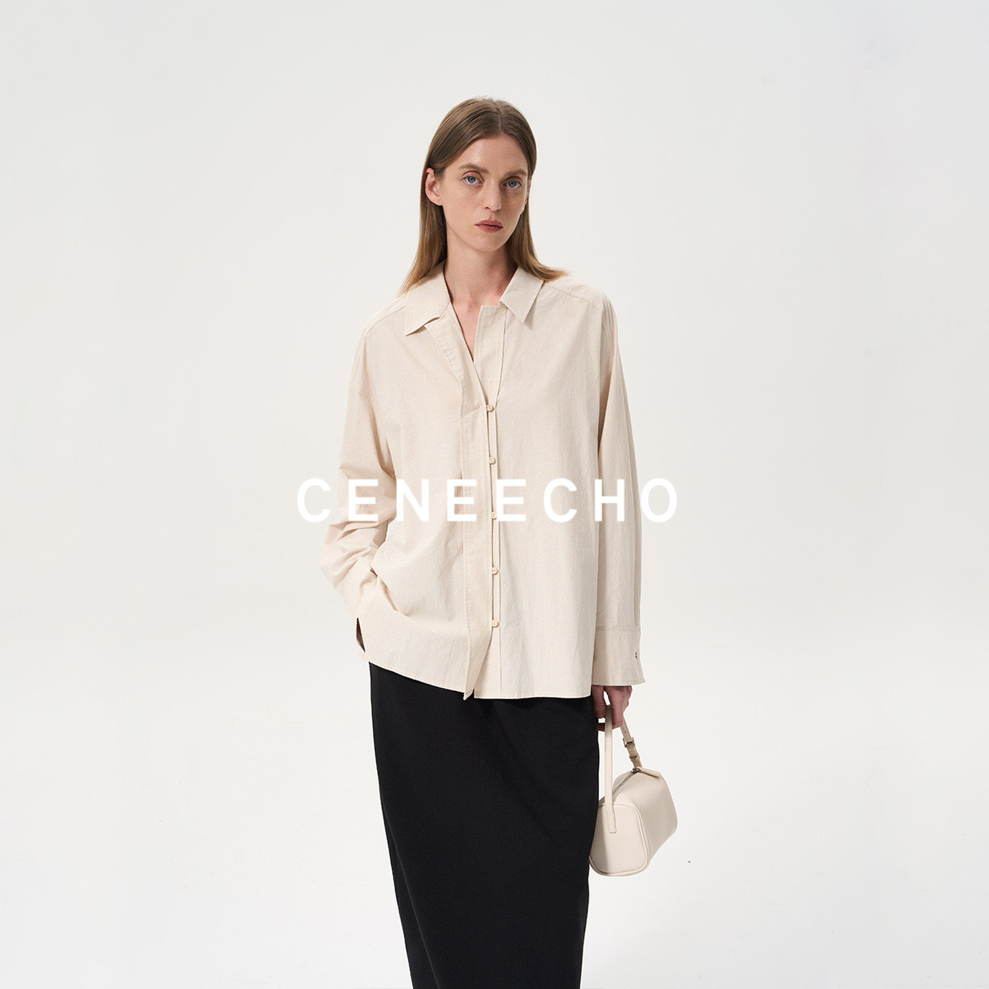 CENEECHO【SUSU系列】全棉门襟木扣翻领衬衫女休闲长袖衬衣通勤风