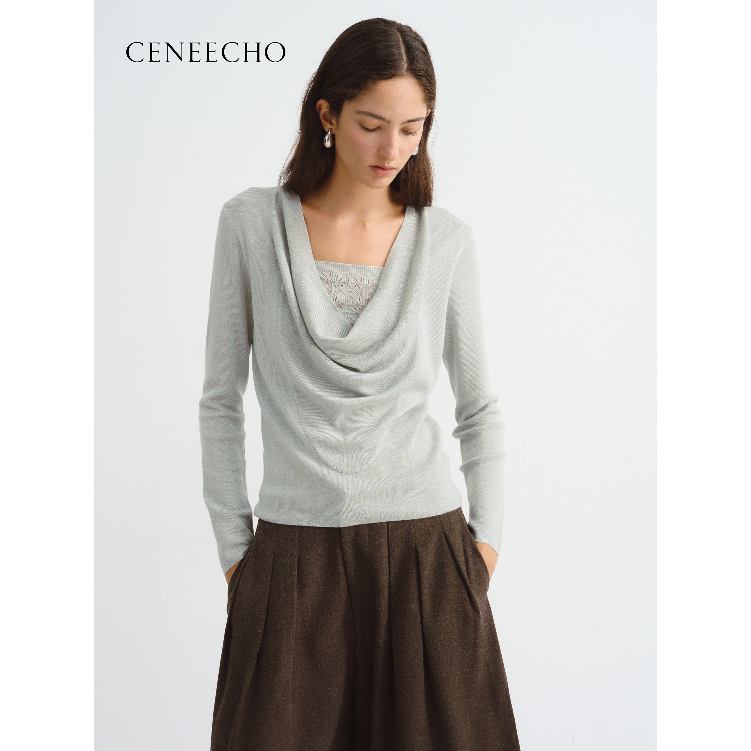 CENEECHO绵羊毛 极简荡领针织衫女长袖修身显瘦气质毛衣